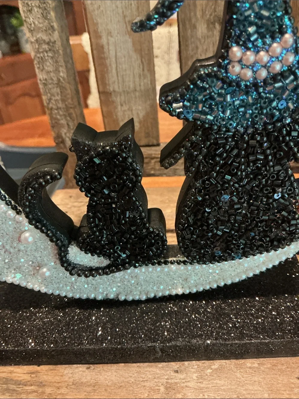 Halloween Beaded and Glitter Witch and Cat On a Moon Tabletop Decor